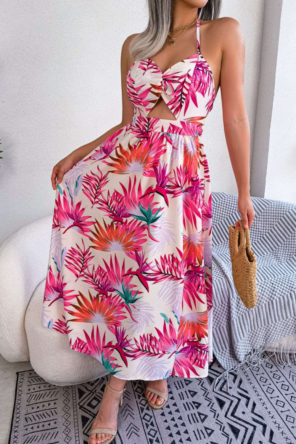 Botanical Print Tied Backless Cutout Slit Dress - Brinxx Couture