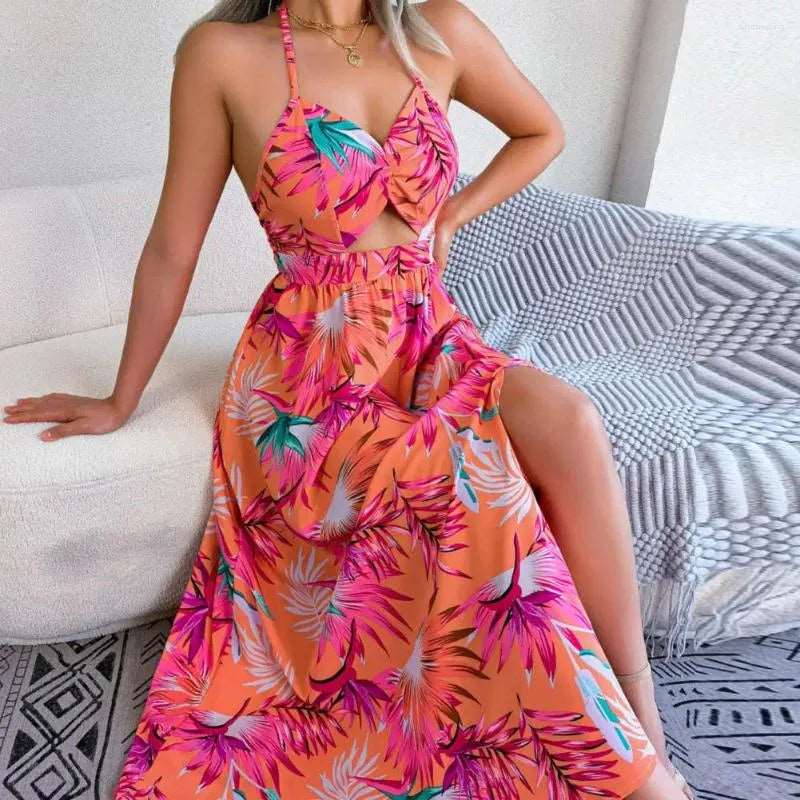 Botanical Print Tied Backless Cutout Slit Dress - Brinxx Couture