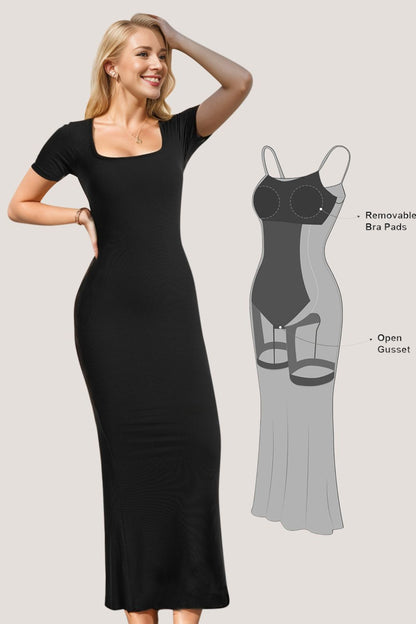 A stylish Built-In Shapewear Short Sleeve Maxi Dress for women. this piece adds a touch of elegance to your outfit - Brinxx Couture