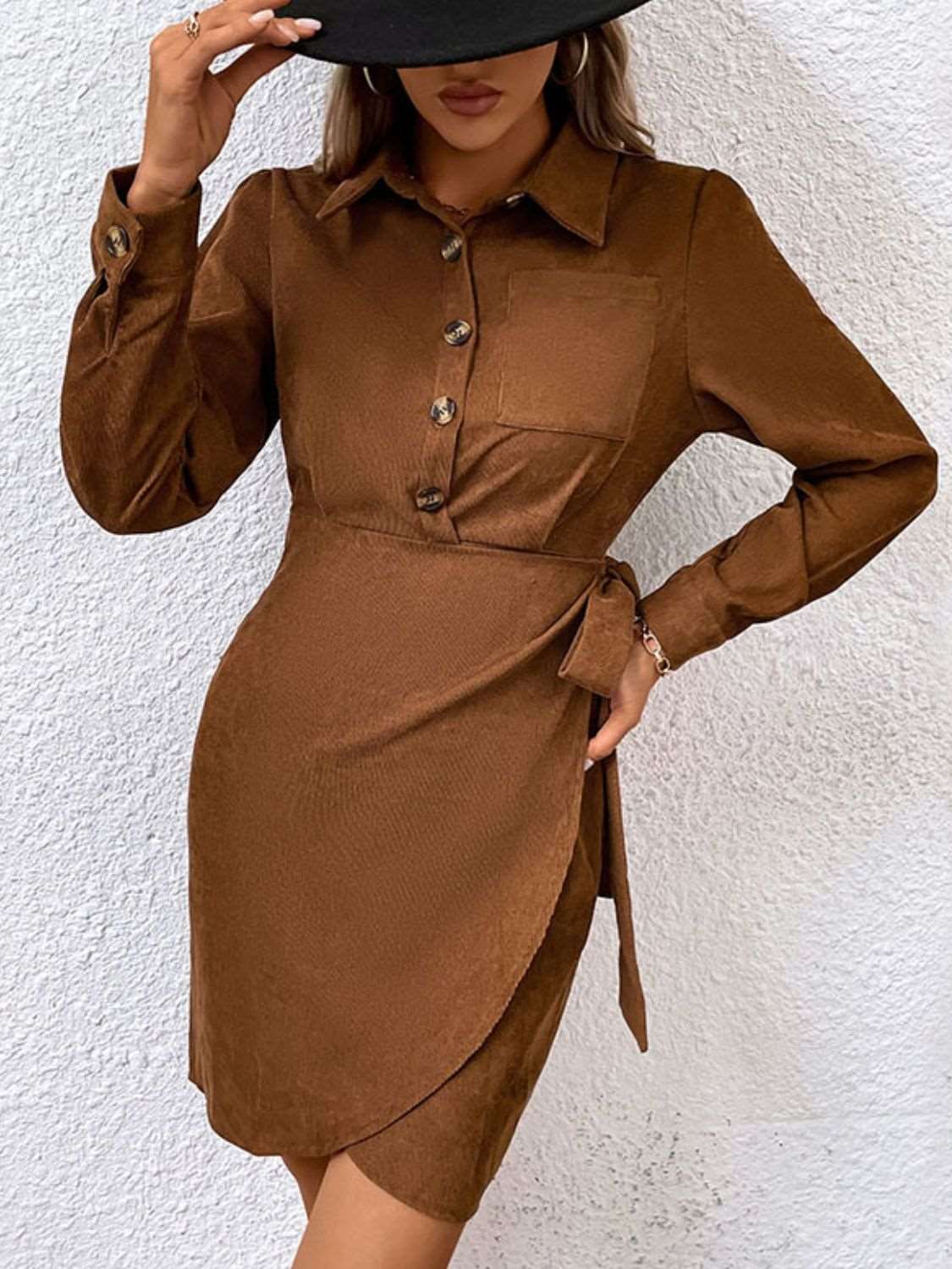 Button-Down Collared Neck Long Sleeve Side Tie Dress - Brinxx Couture