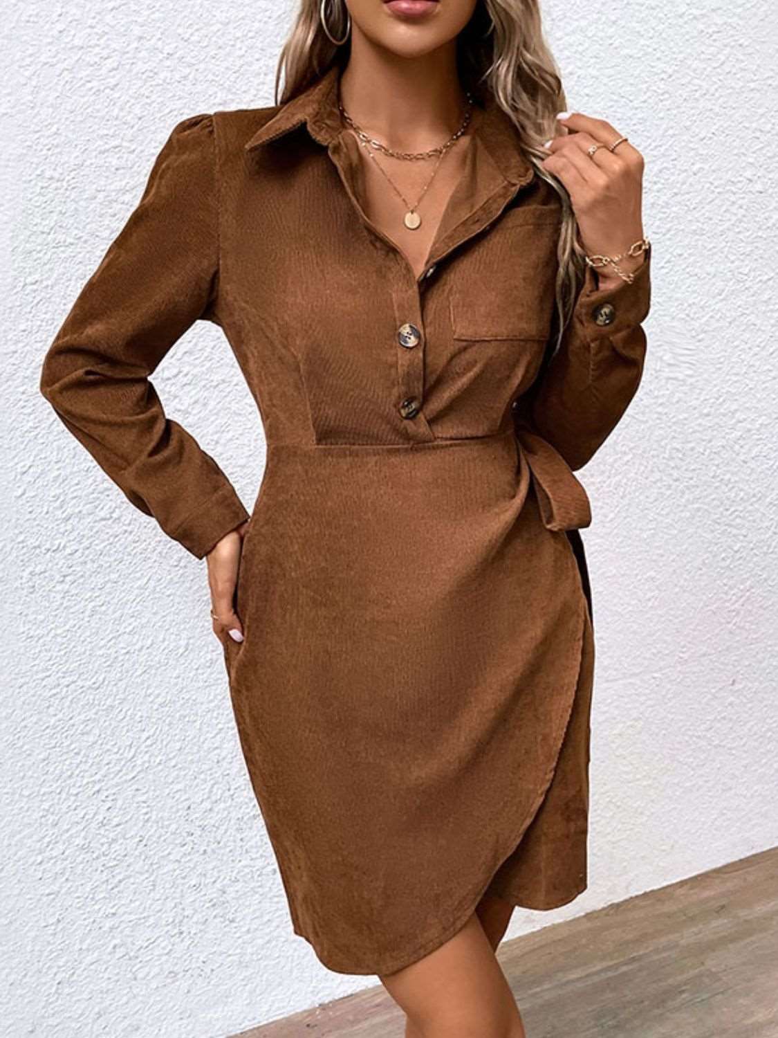 Button-Down Collared Neck Long Sleeve Side Tie Dress - Brinxx Couture