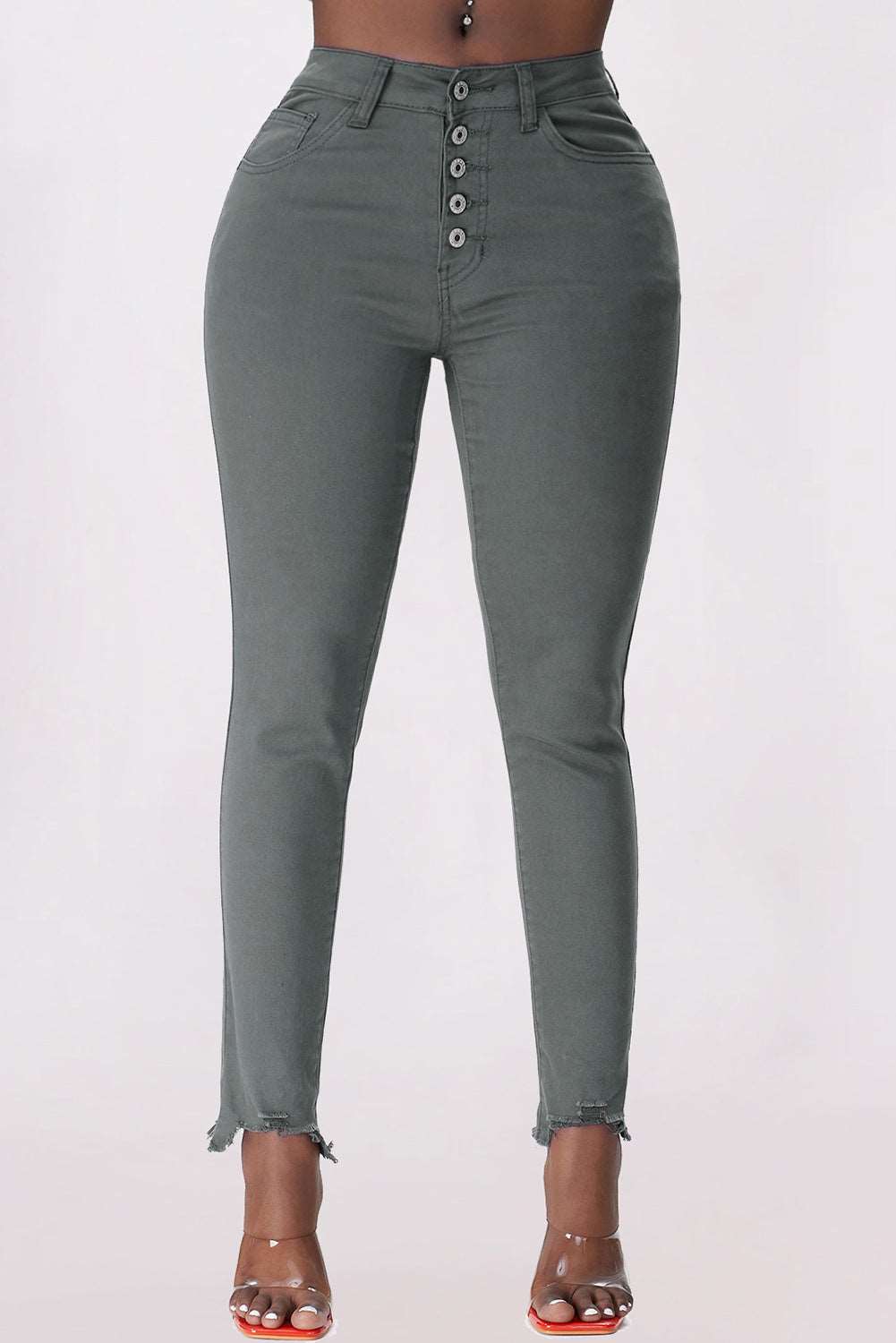 Button Fly Hem Detail Skinny Jeans - Brinxx Couture