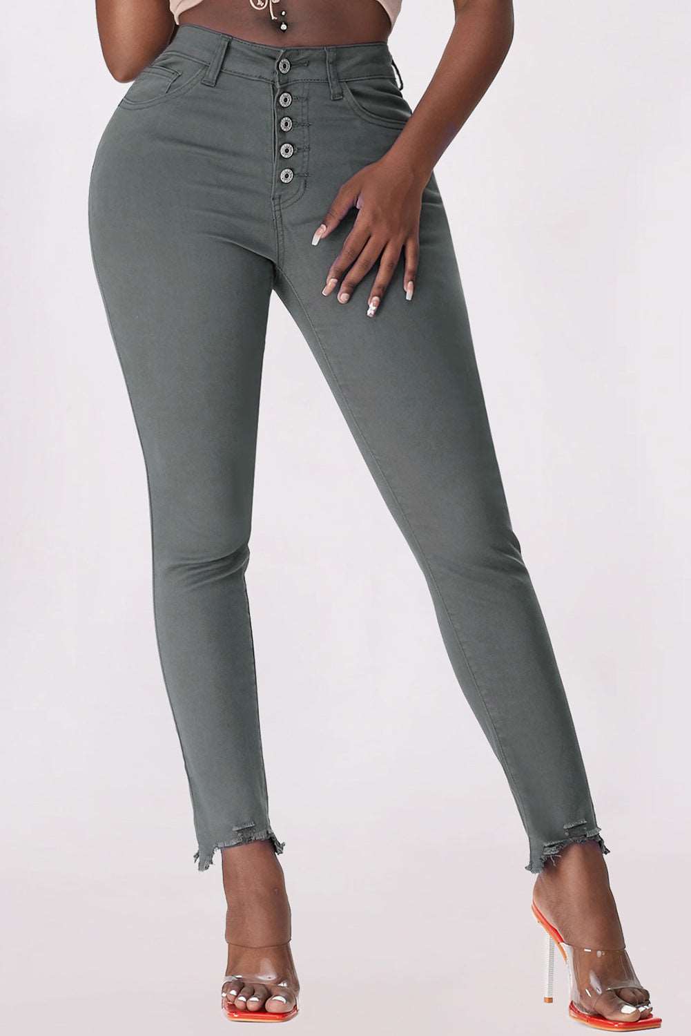 Button Fly Hem Detail Skinny Jeans - Brinxx Couture