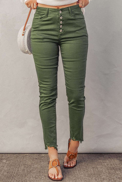 Button Fly Hem Detail Skinny Jeans - Brinxx Couture