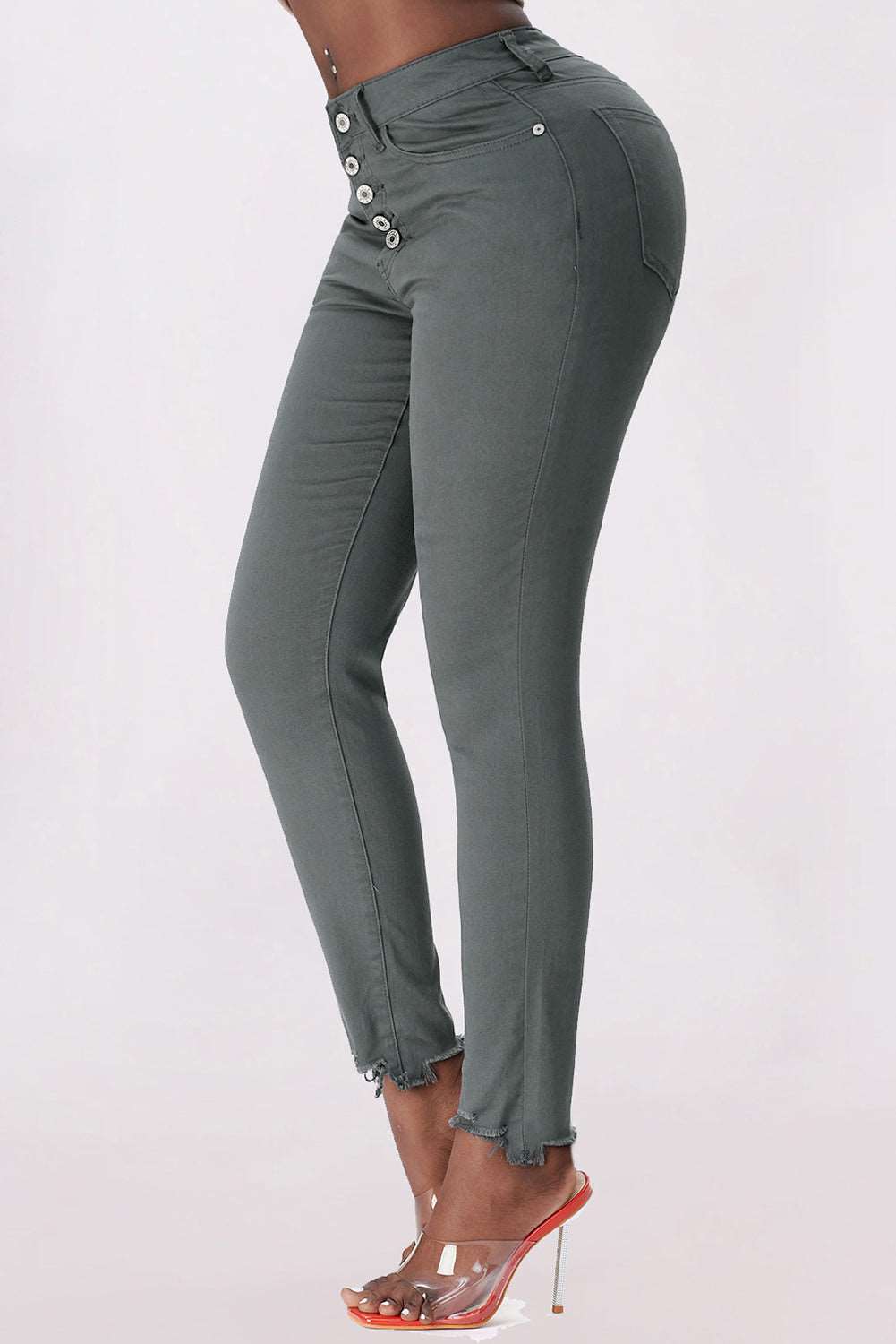 Button Fly Hem Detail Skinny Jeans - Brinxx Couture