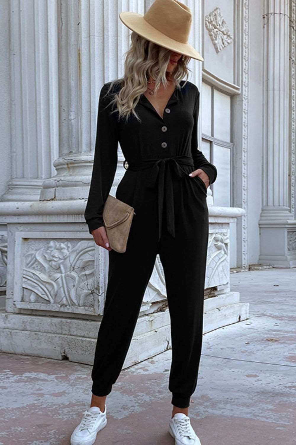 Button Front Belted Jogger Jumpsuit with Pockets - Brinxx Couture