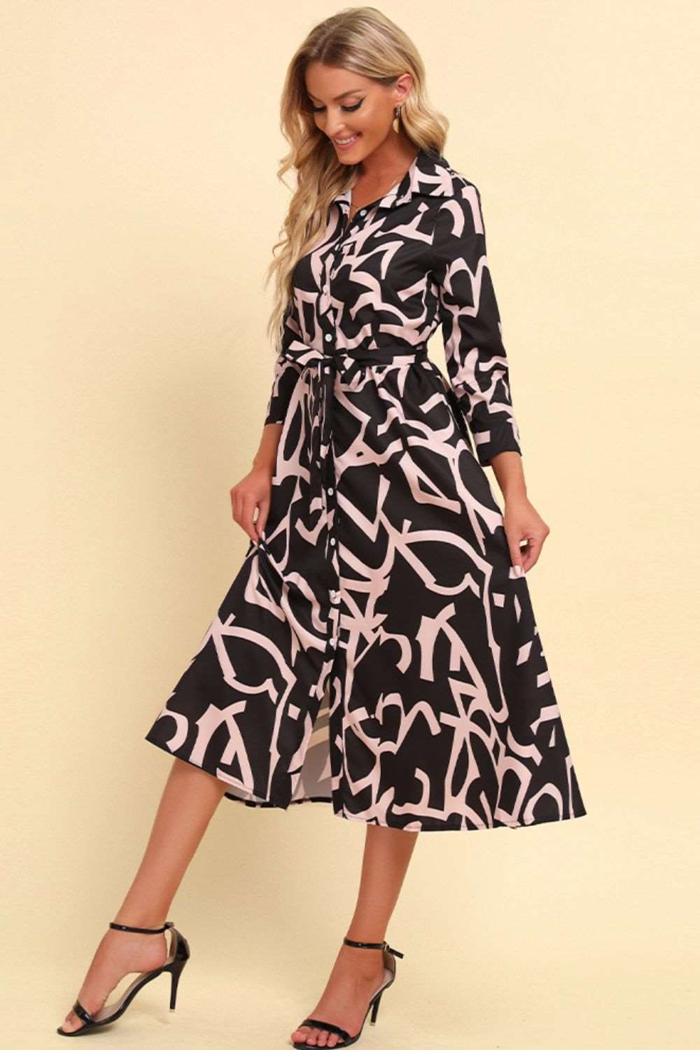 Button Front Belted Midi Dress - Brinxx Couture