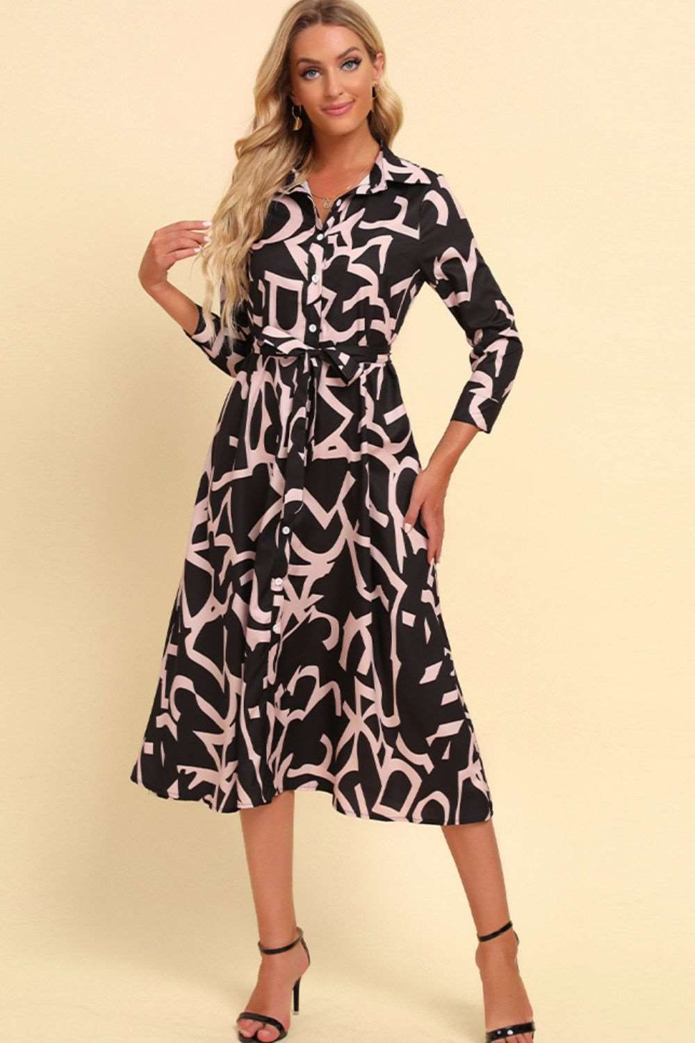 Button Front Belted Midi Dress - Brinxx Couture