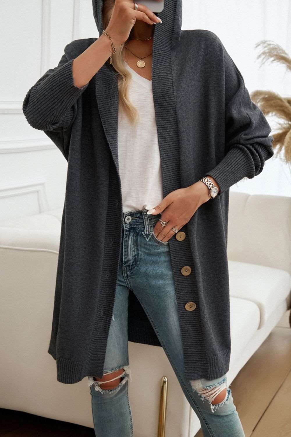 Button Up Long Sleeve Hooded Cardigan - Brinxx Couture