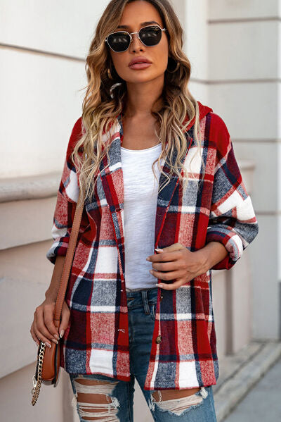 Button Up Plaid Hooded Jacket - Brinxx Couture