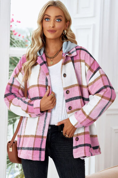 Button Up Plaid Hooded Jacket - Brinxx Couture