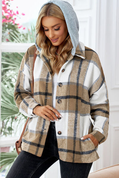 Button Up Plaid Hooded Jacket - Brinxx Couture