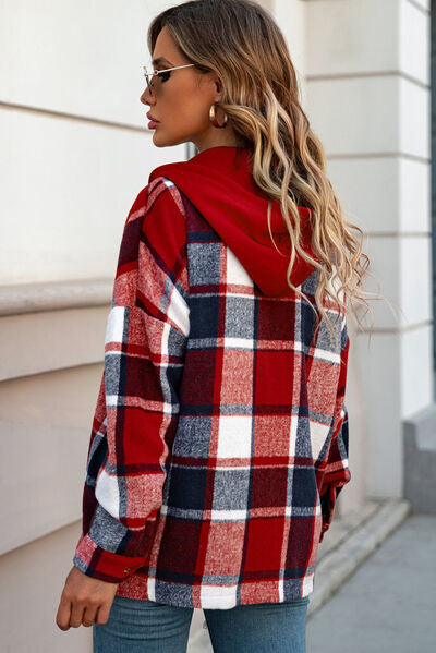 Button Up Plaid Hooded Jacket - Brinxx Couture