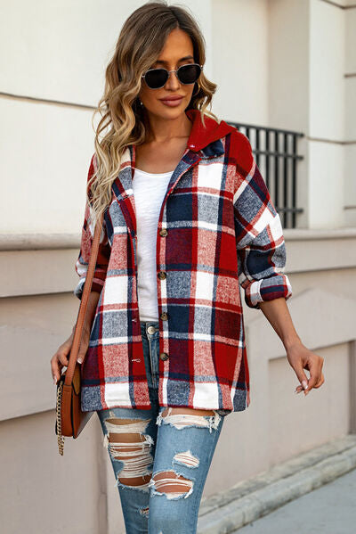 Button Up Plaid Hooded Jacket - Brinxx Couture