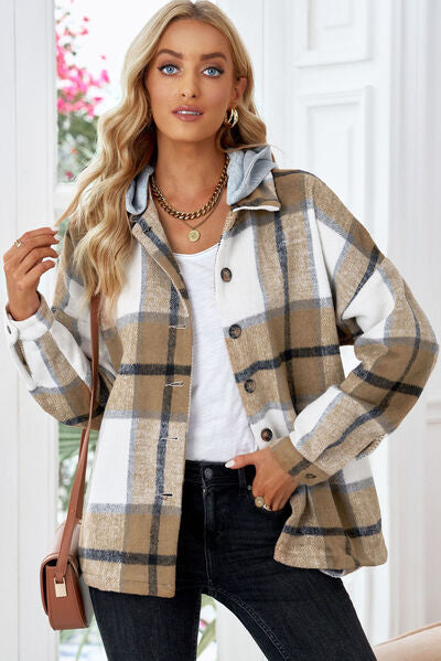 Button Up Plaid Hooded Jacket - Brinxx Couture