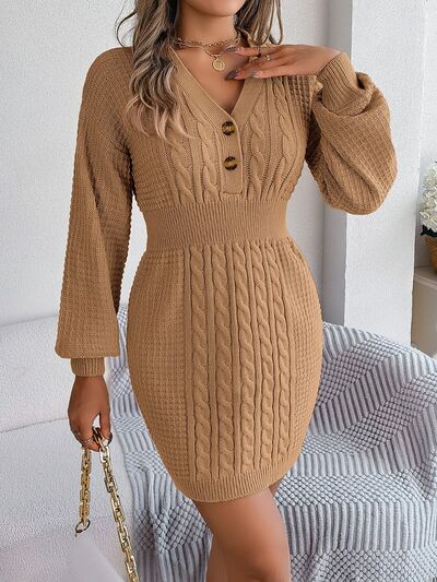 Buttoned Cable-Knit V-Neck Sweater Dress - Brinxx Couture