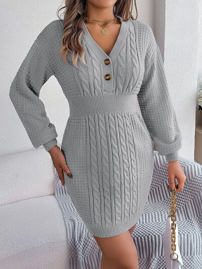 Buttoned Cable-Knit V-Neck Sweater Dress - Brinxx Couture