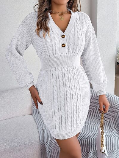 Buttoned Cable-Knit V-Neck Sweater Dress - Brinxx Couture