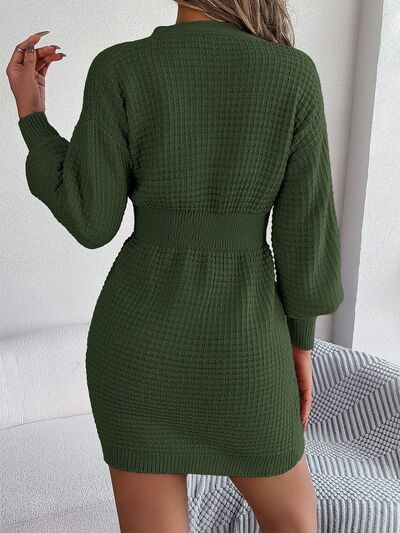 Buttoned Cable-Knit V-Neck Sweater Dress - Brinxx Couture