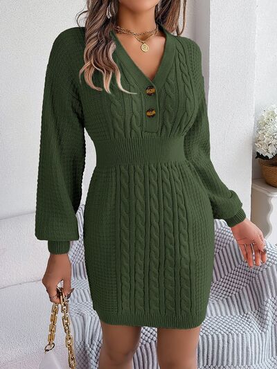 Buttoned Cable-Knit V-Neck Sweater Dress - Brinxx Couture