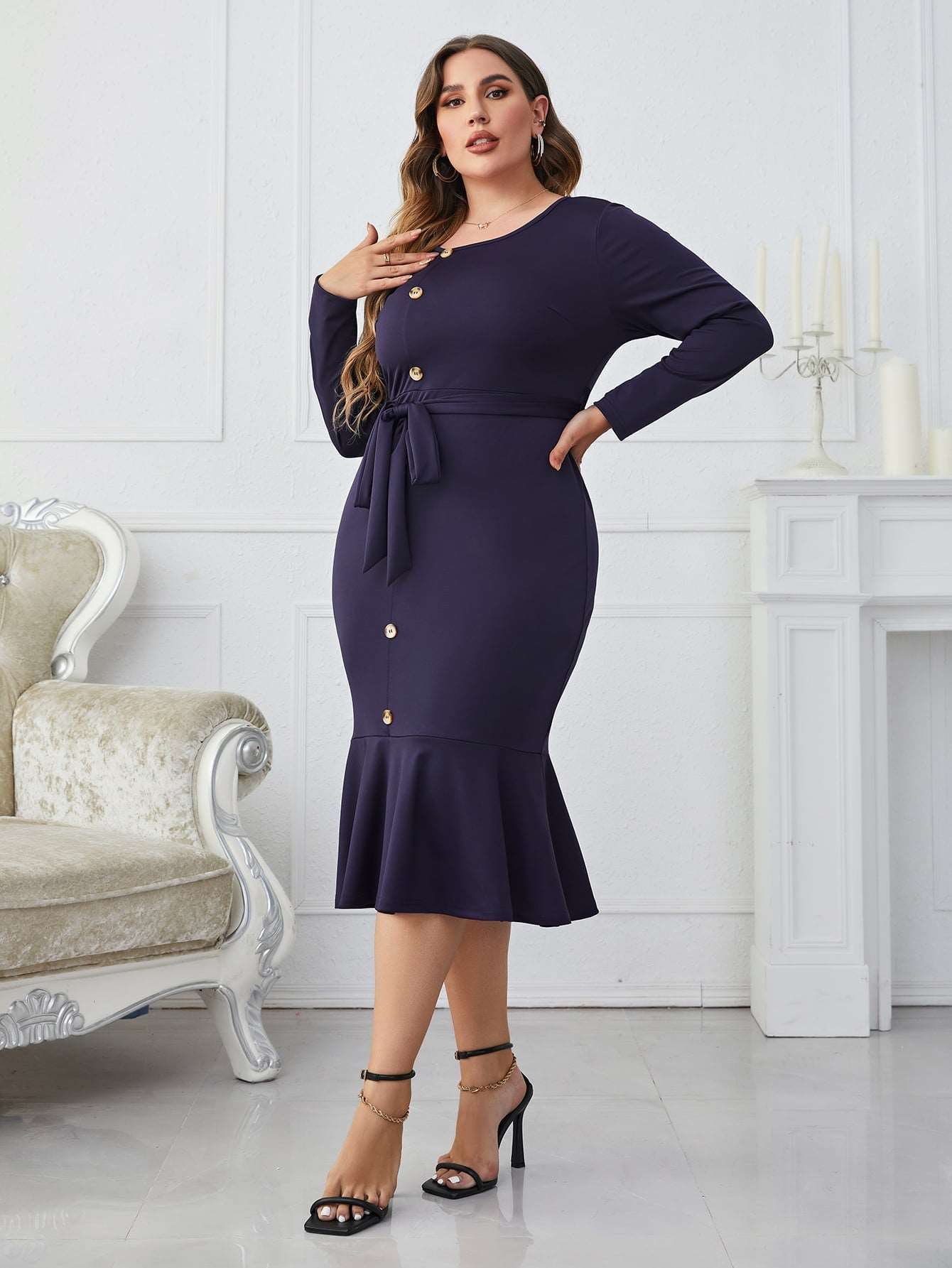 Buttoned Round Neck Tie Belt Midi Dress - Brinxx Couture