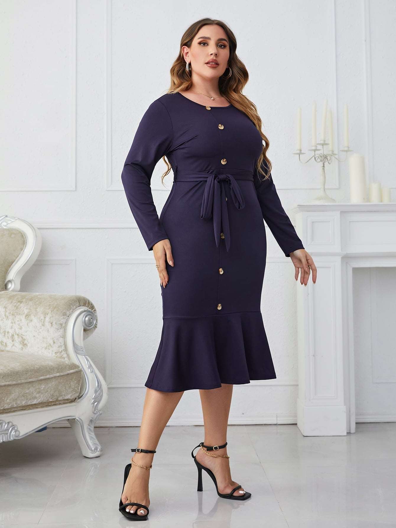 Buttoned Round Neck Tie Belt Midi Dress - Brinxx Couture