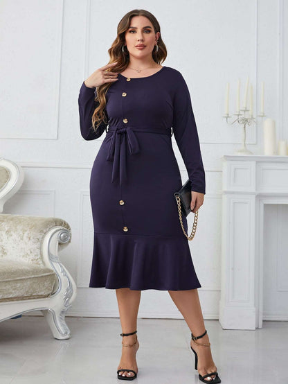 Buttoned Round Neck Tie Belt Midi Dress - Brinxx Couture