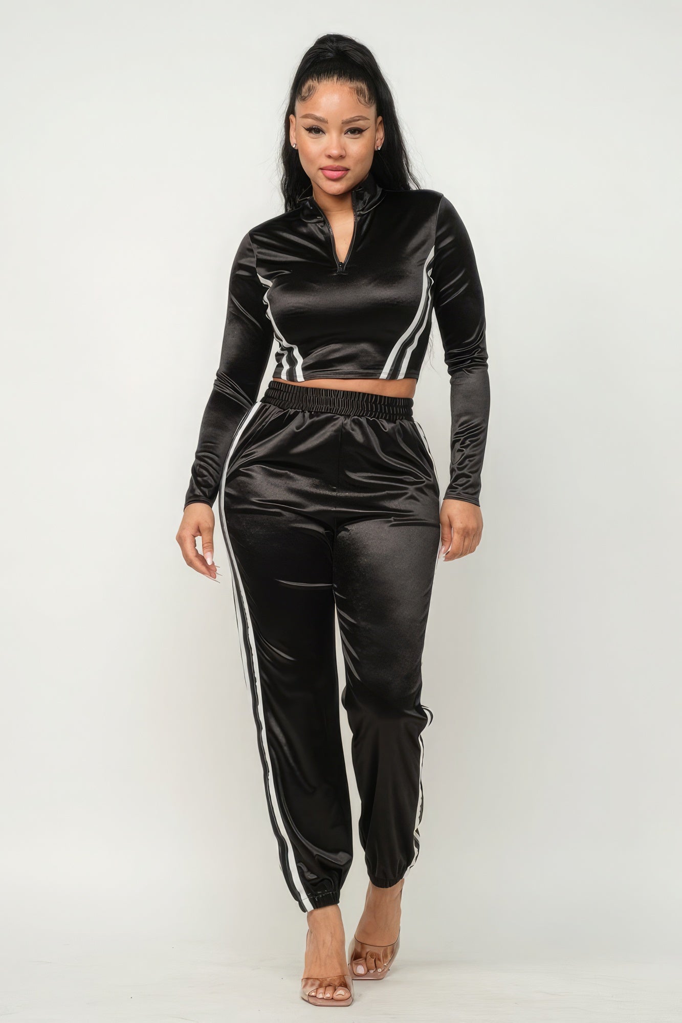 Front Zip Up Stripes Detail Jacket And Pants Set - Brinxx Couture