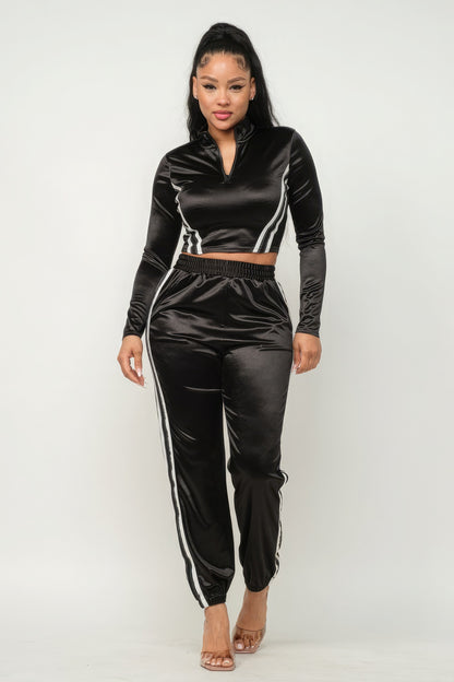 Front Zip Up Stripes Detail Jacket And Pants Set - Brinxx Couture