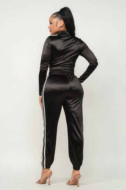 Front Zip Up Stripes Detail Jacket And Pants Set - Brinxx Couture