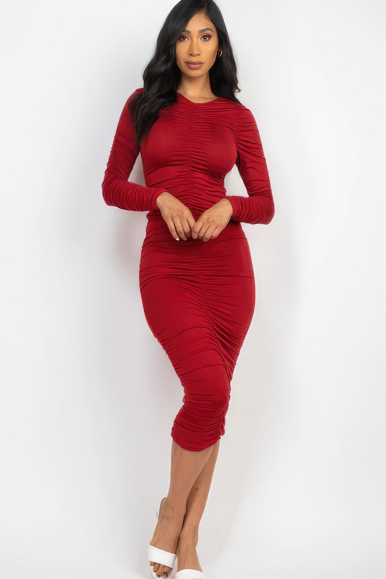 Ruched Midi Dress Long Sleeve - Brinxx Couture