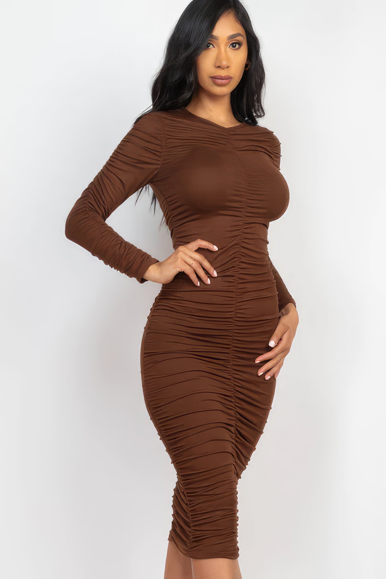 Ruched Midi Dress Long Sleeve - Brinxx Couture