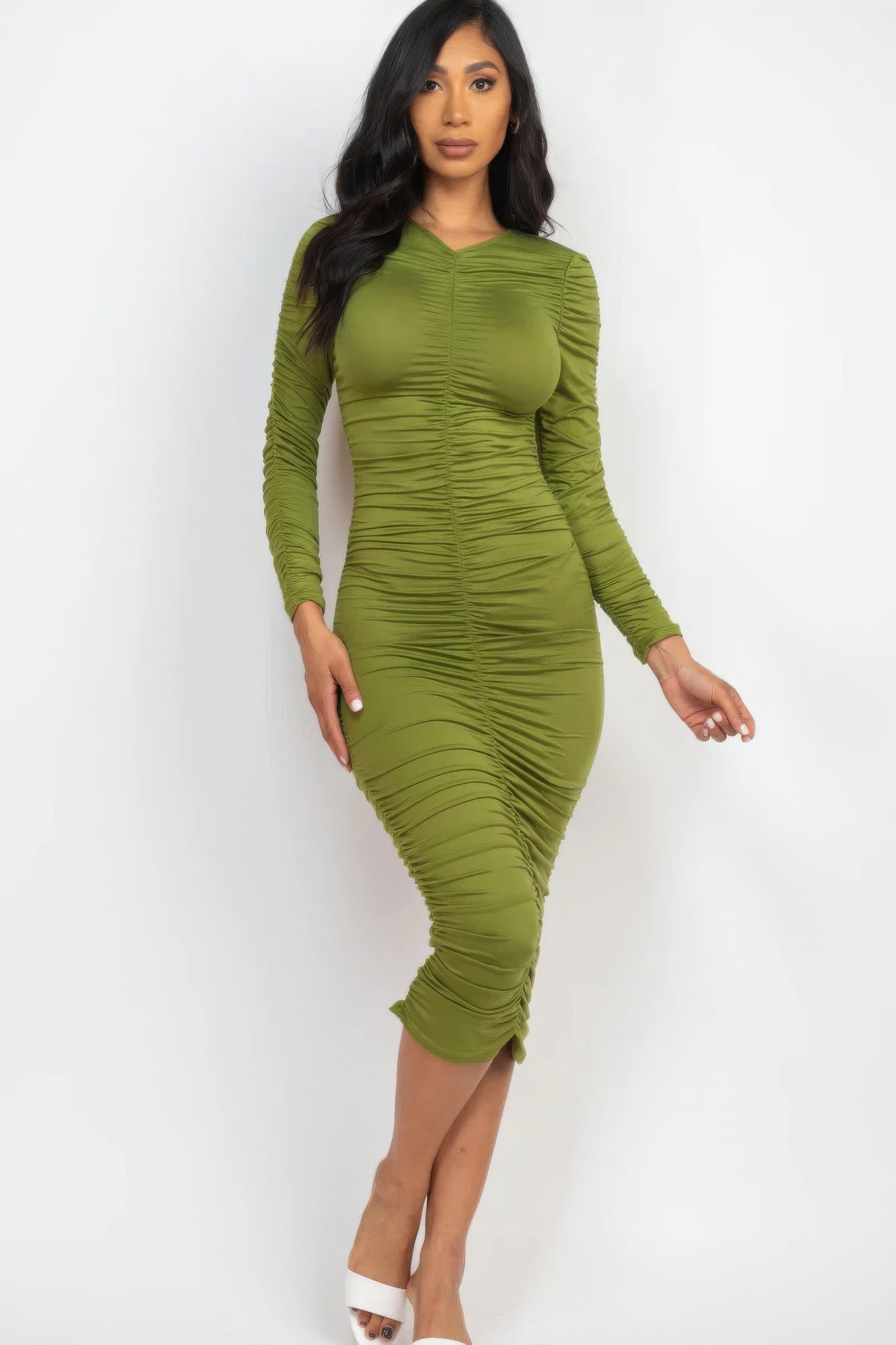 Ruched Midi Dress Long Sleeve - Brinxx Couture