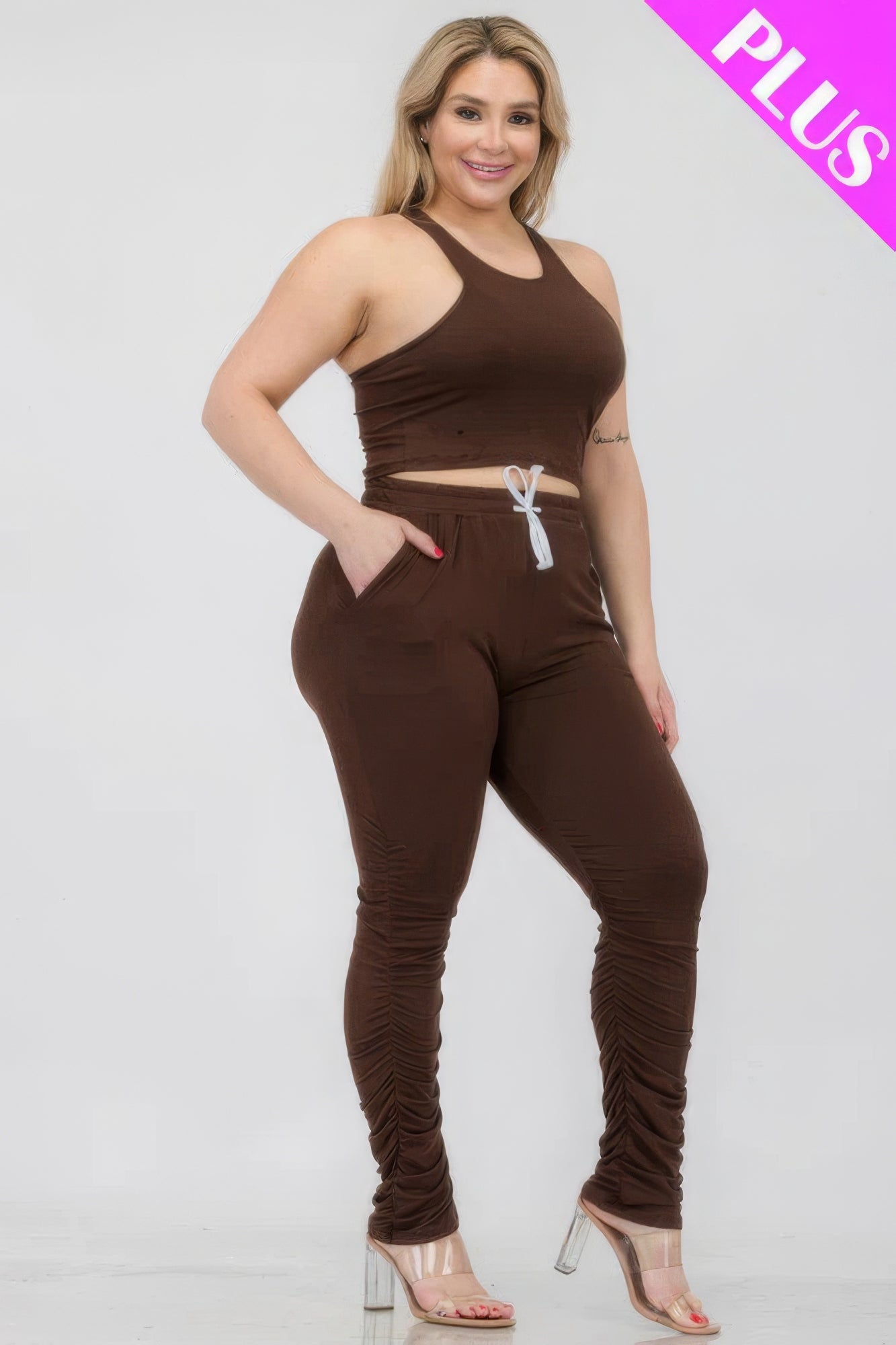 Plus Size Crop Tank Top & Ruched Pants Set - Brinxx Couture