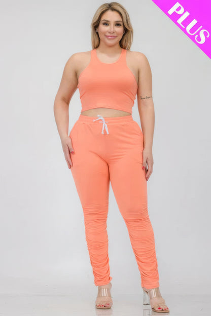 Plus Size Crop Tank Top & Ruched Pants Set - Brinxx Couture