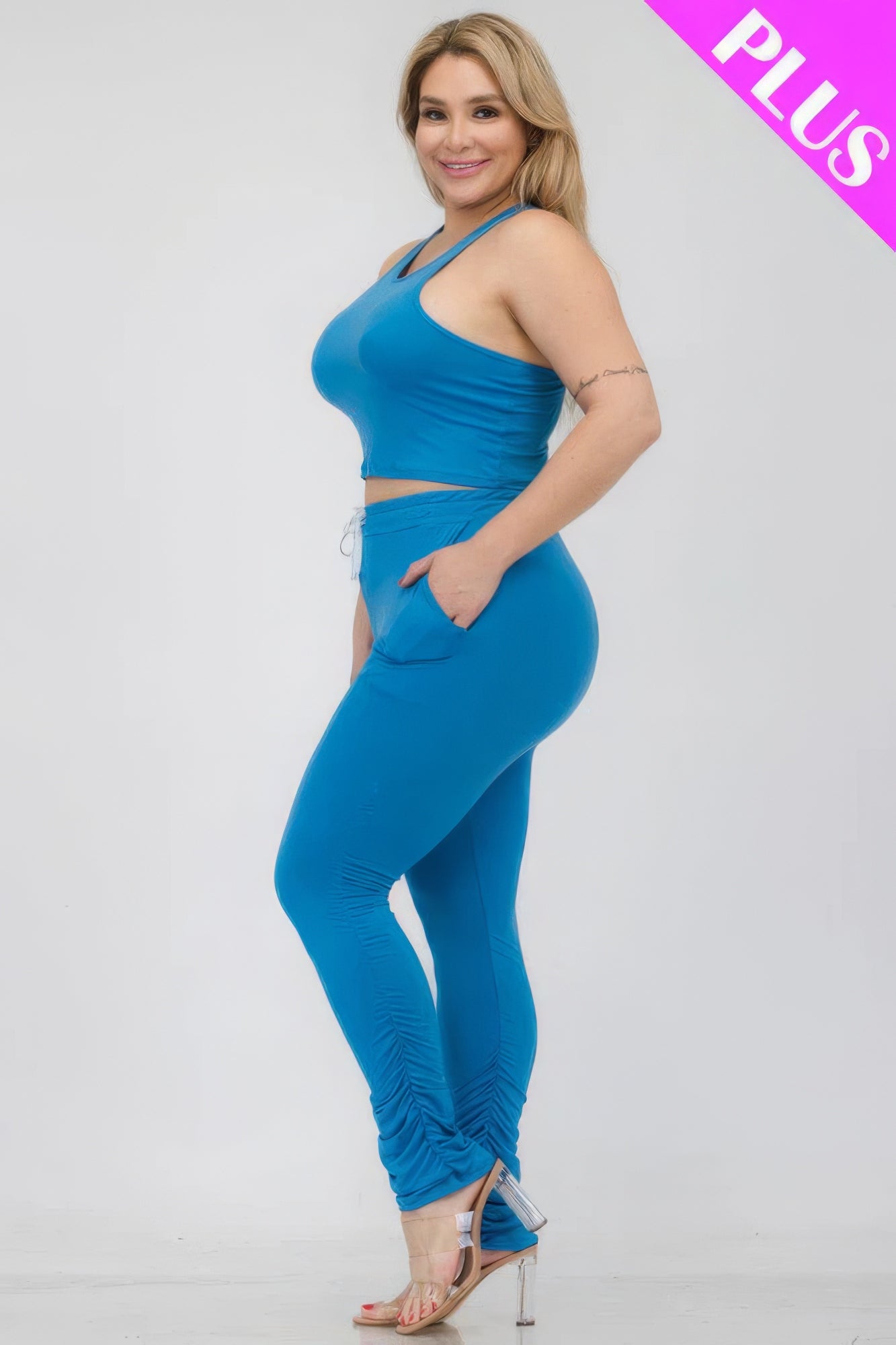 Plus Size Crop Tank Top & Ruched Pants Set - Brinxx Couture