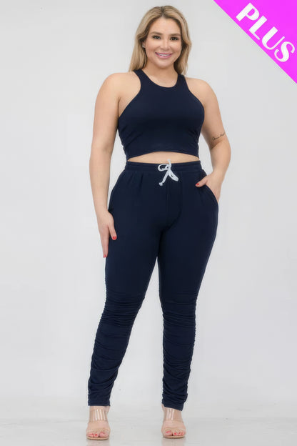 Plus Size Crop Tank Top & Ruched Pants Set - Brinxx Couture