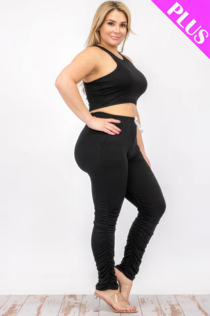 Plus Size Crop Tank Top & Ruched Pants Set - Brinxx Couture