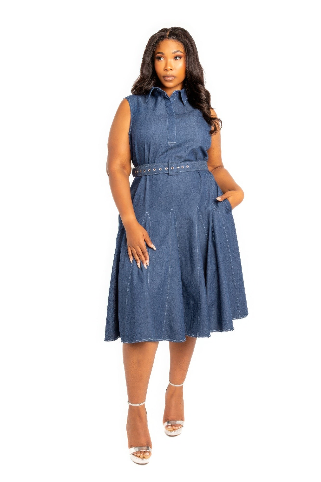 Contrast stitch washed denim shirt dress with belt - Brinxx Couture