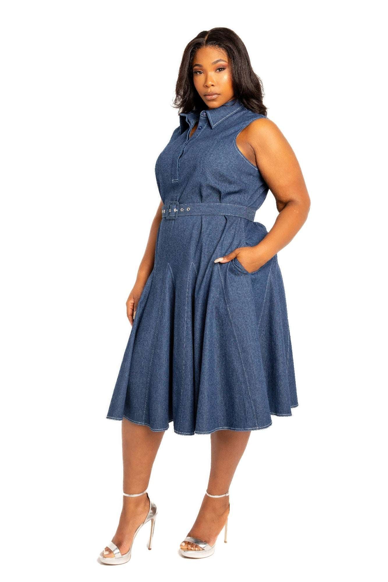 Contrast stitch washed denim shirt dress with belt - Brinxx Couture