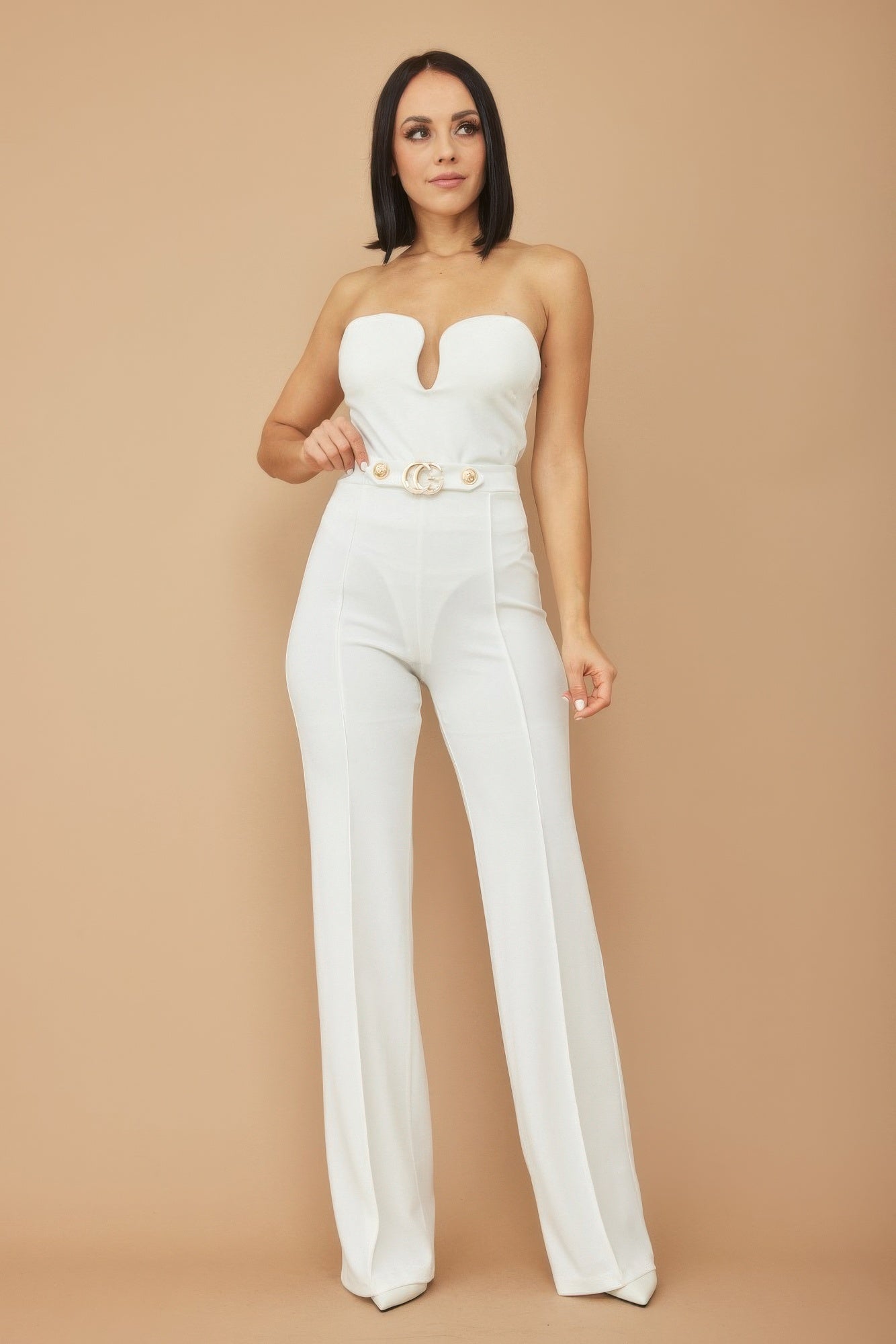 A stylish Letter Buckle And Button Detail Pants for women. this piece adds a touch of elegance to your outfit - Brinxx Couture