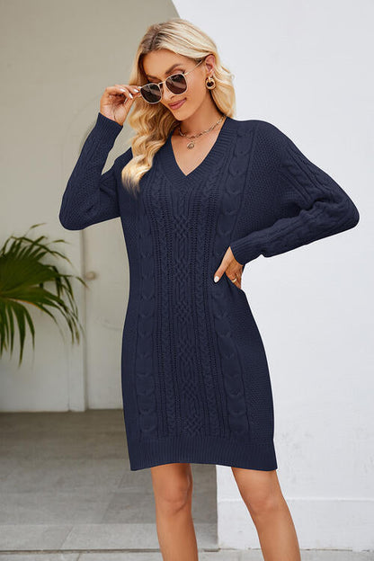 Cable-Knit Long Sleeve Sweater Dress - Brinxx Couture