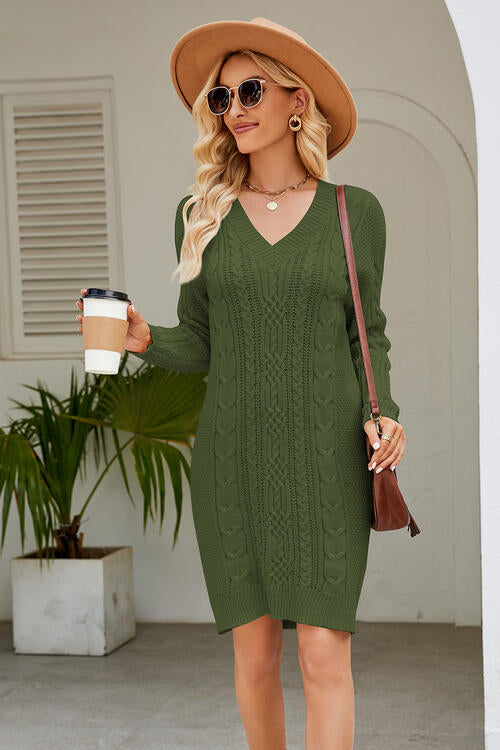 Cable-Knit Long Sleeve Sweater Dress - Brinxx Couture