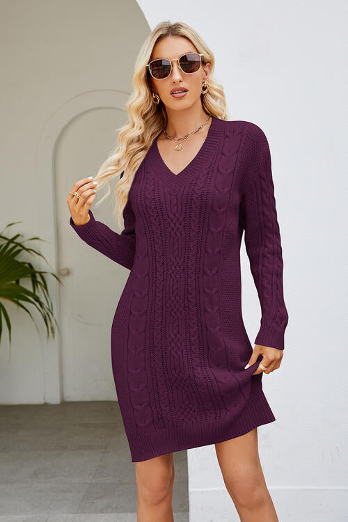 Cable-Knit Long Sleeve Sweater Dress - Brinxx Couture