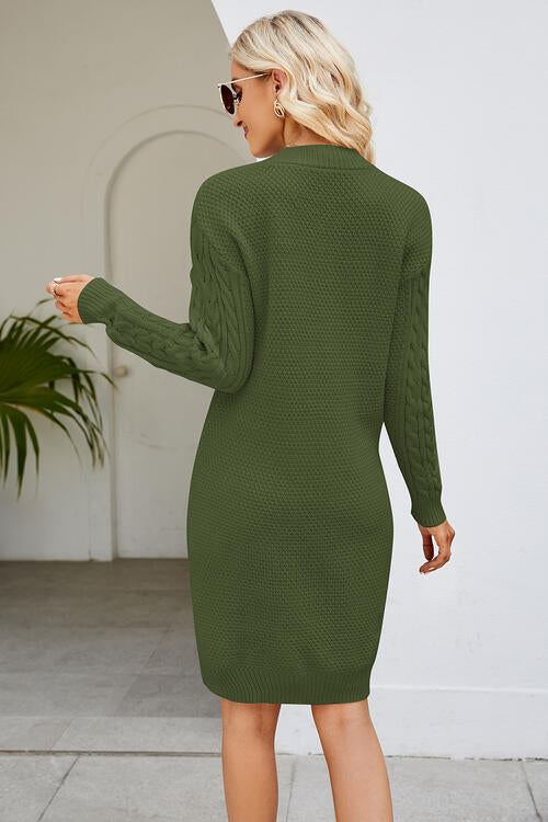 Cable-Knit Long Sleeve Sweater Dress - Brinxx Couture