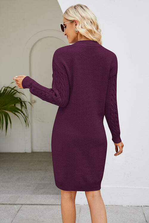 Cable-Knit Long Sleeve Sweater Dress - Brinxx Couture