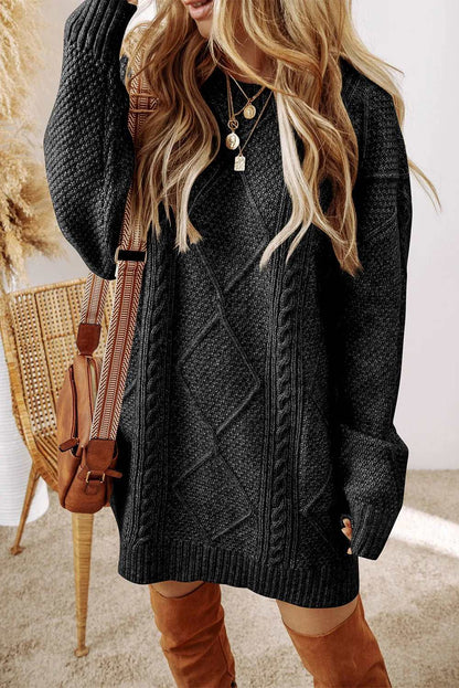 Cable-Knit Round Neck Sweater Dress - Brinxx Couture