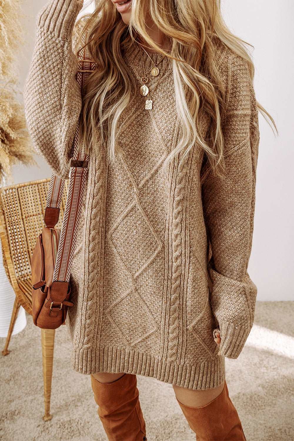 Cable-Knit Round Neck Sweater Dress - Brinxx Couture