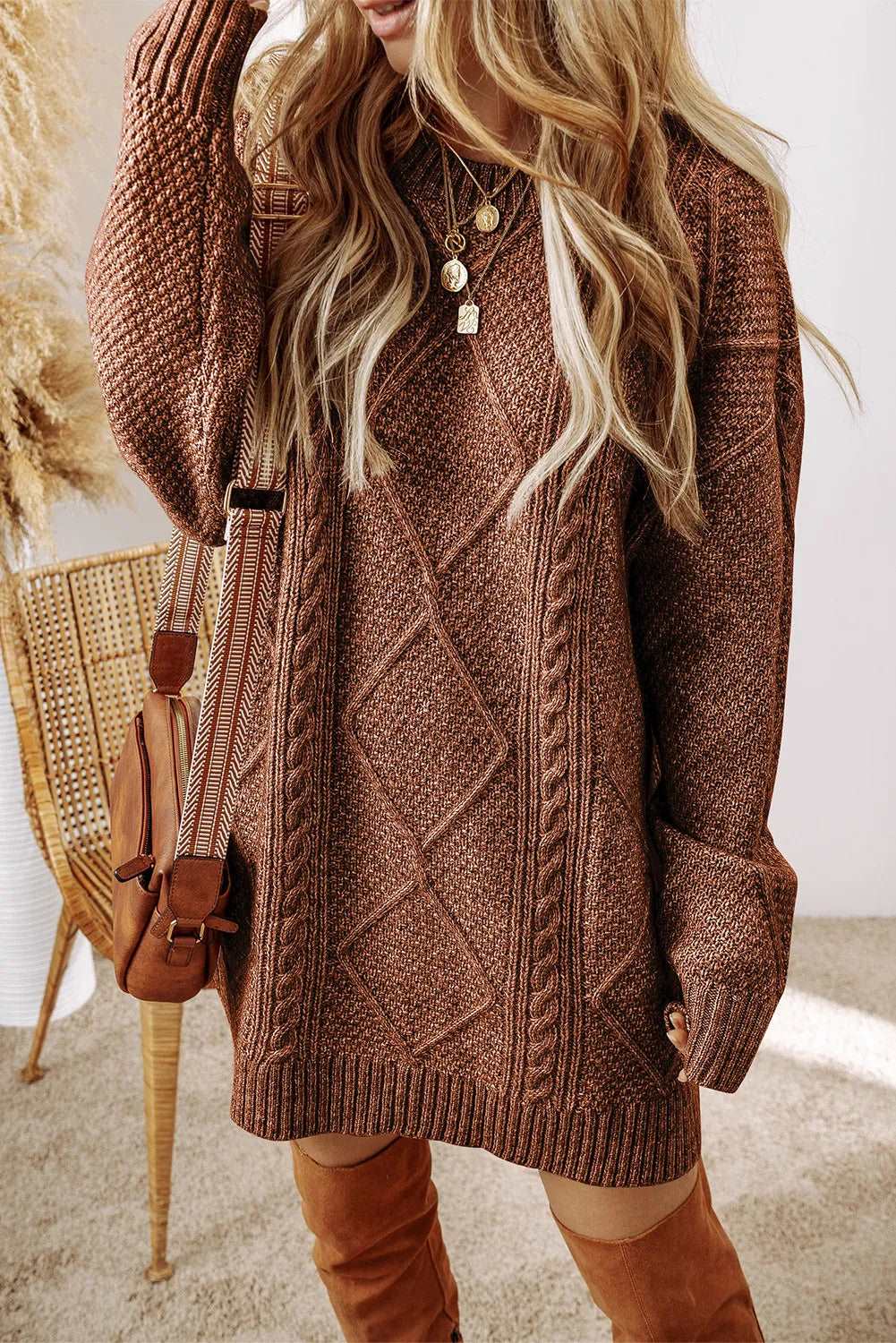 Cable-Knit Round Neck Sweater Dress - Brinxx Couture