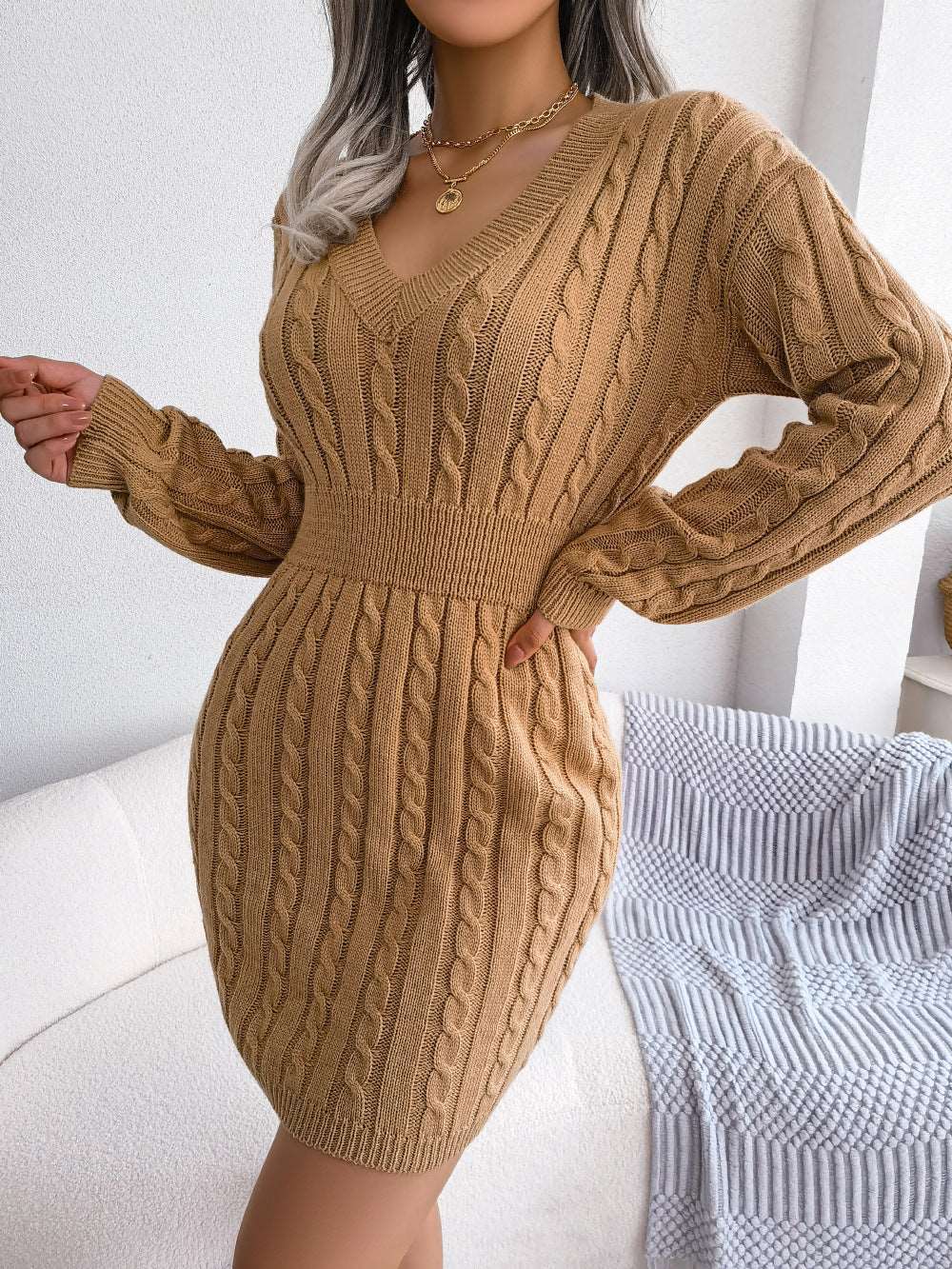 Cable-Knit V-Neck Mini Sweater Dress - Brinxx Couture